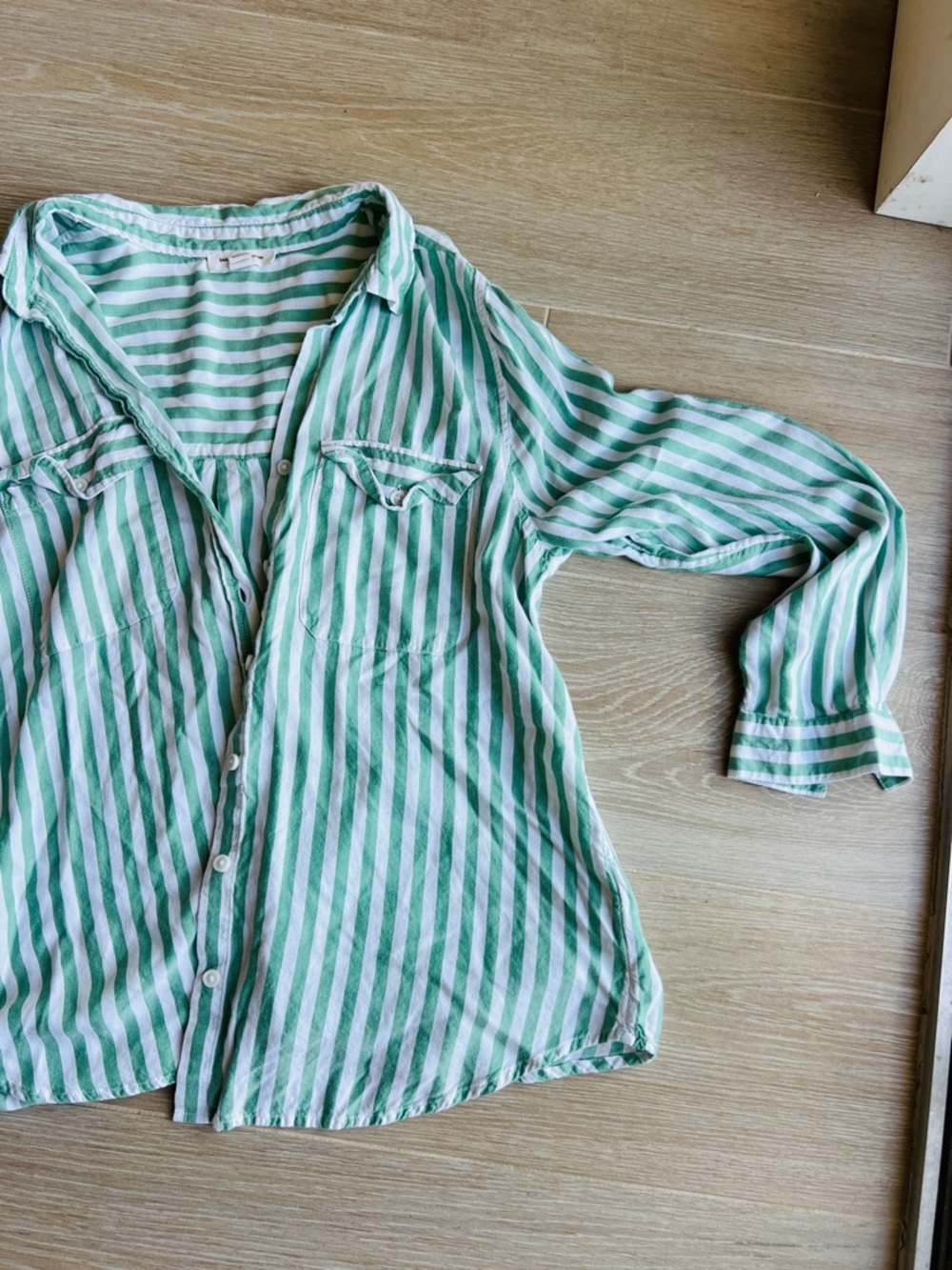 Green and White Striped Casual Button-Down Shirt